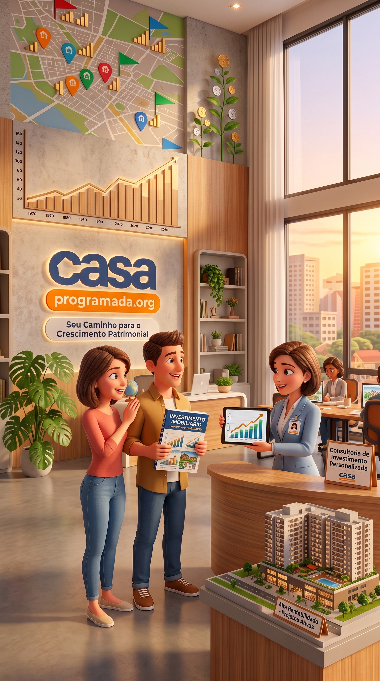 Referência ilustrativa de loja Casa Programada, com recepção e mesas de atendimento